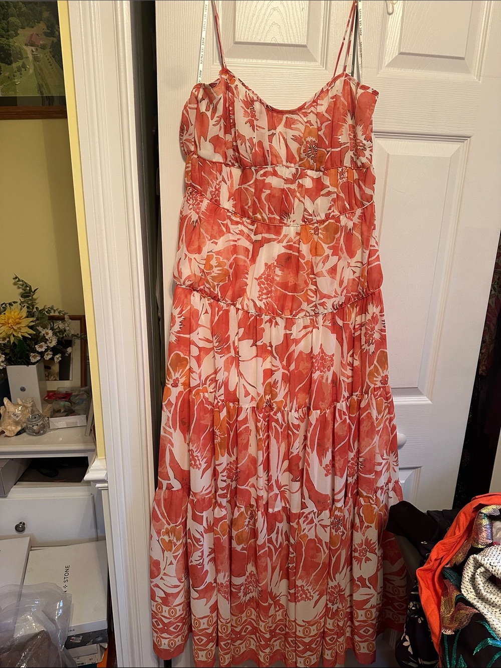 Avec Les Filles Coral and White Floral Tiered Spaghetti-Strap Maxi